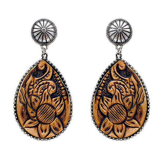 Tooled Sunflower & Concho Leather Earring