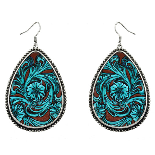 Turquoise Painted Tooled Leather Earring
