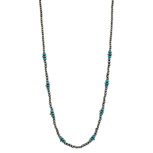 Long Pewter & Turquoise Beaded Necklace