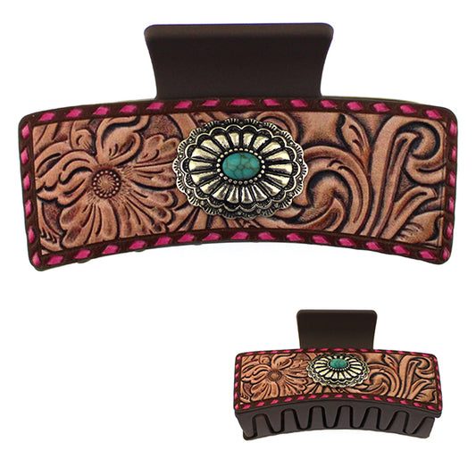 Turquoise Concho & Hot Pink Tooled Leather Hair Clip