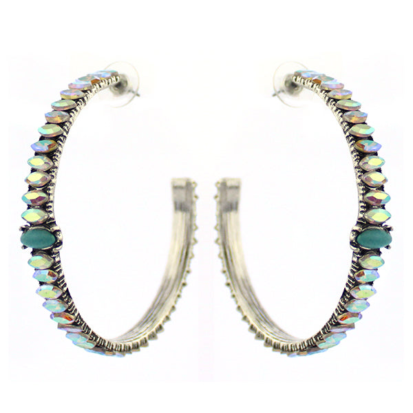 Iridescent Rhinestone & Turquoise Hoop Post Earrings