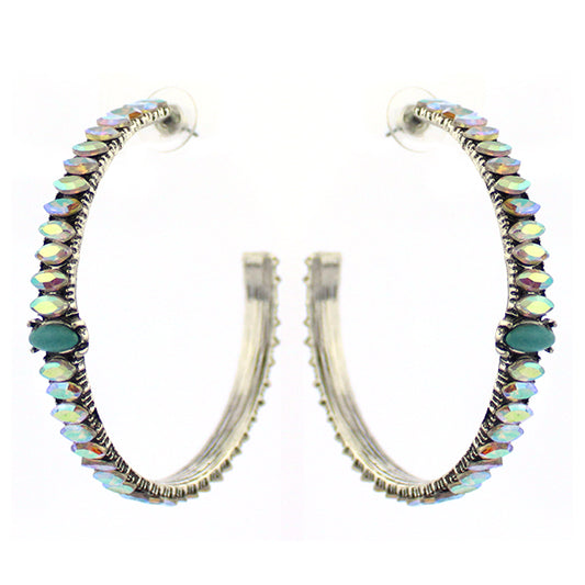 Iridescent Rhinestone & Turquoise Hoop Post Earrings