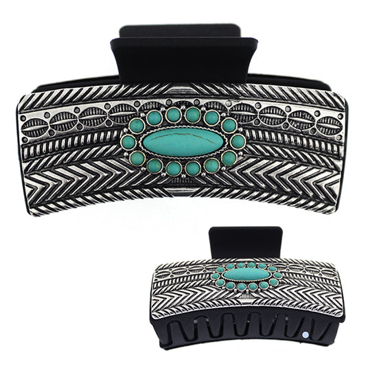 Silver Stamped & Turquoise Hair Clip