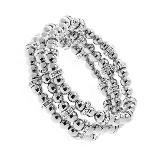 Silver Bead & Rhinestone Stretchy Bracelets Set of 3