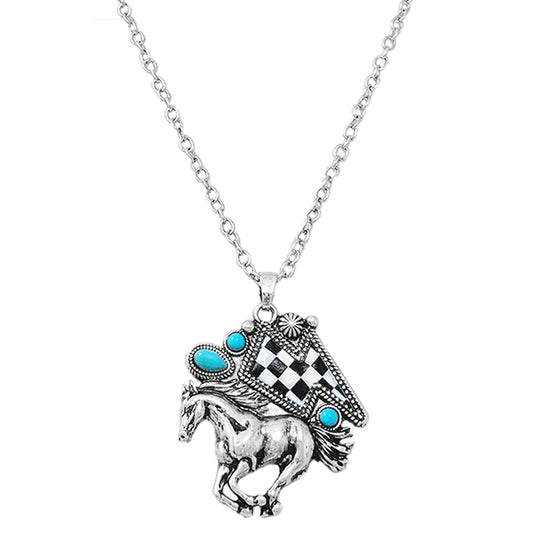 Turquoise Checker Bolt & Horse Necklace