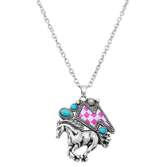 Pink Checker Bolt & Horse Necklace