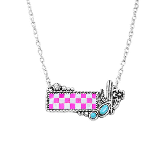 Pink Checker & Turquoise Bar Necklace