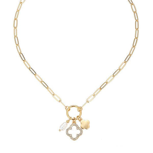 Gold Clover & Pearl Trinket Necklace