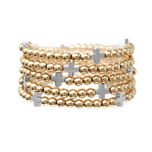 Gold & Cross Beaded Bracelet Set of 5