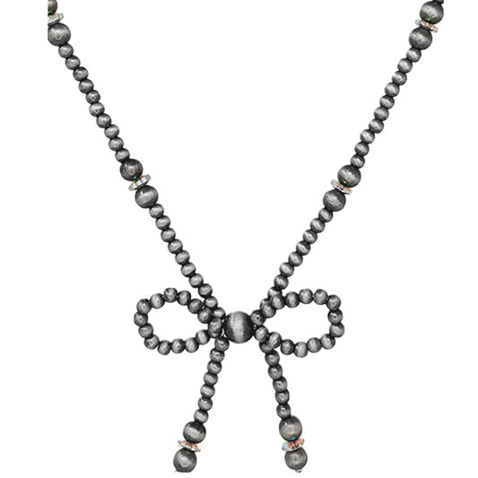 Pewter Pearl & Crystal Bow Necklace