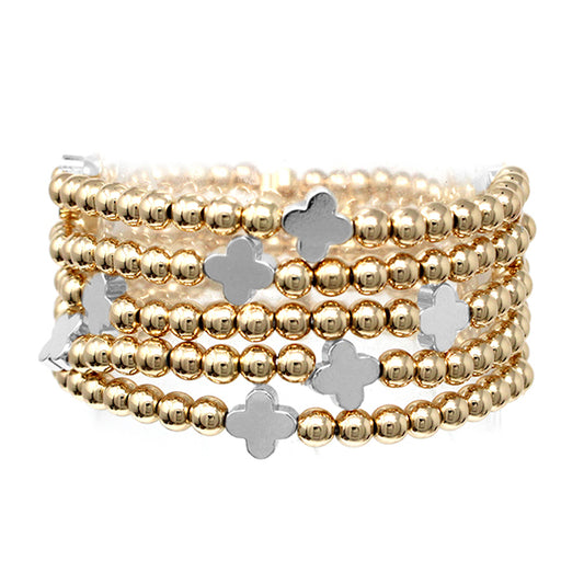Silver Clover & Gold Beaded Stretch Bracelet- Set of 5