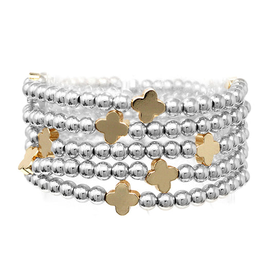 Gold Clover & Silver Beaded Stretch Bracelet- Set of 5