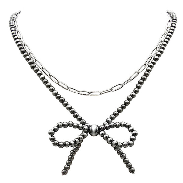 Pewter Pearl Bow & Chain Layered Necklace