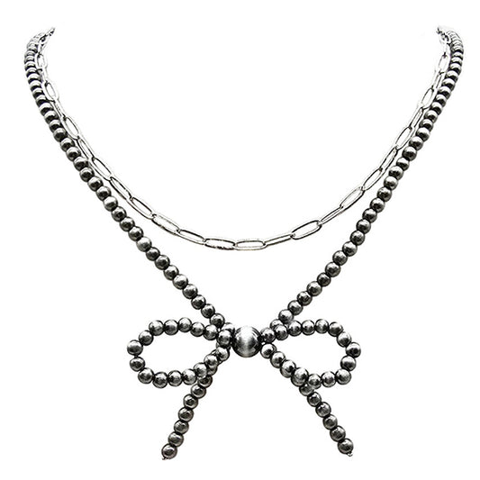 Pewter Pearl Bow & Chain Layered Necklace