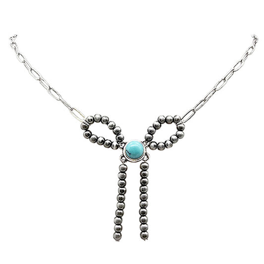 Pewter Pearl Bow with Turquoise Stone Chain Necklace