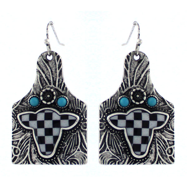 Checkered Cow Tag Earring