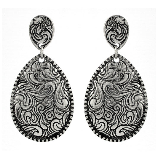 Silver Tooled Teardrop Dangle Earrings
