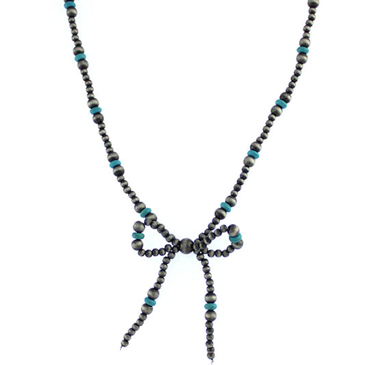 Turquoise & Pewter Pearl Bow Necklace