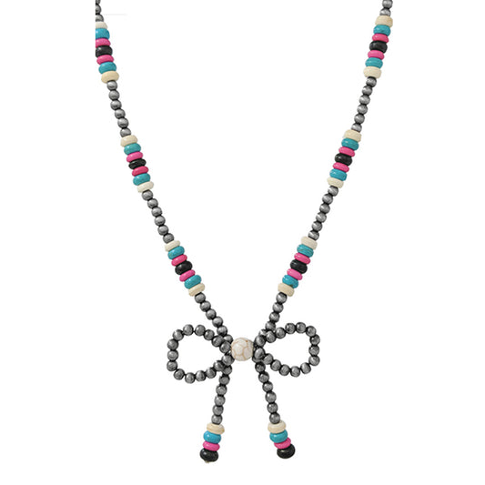 Pewter Pearl & Multi Bead Bow Necklace