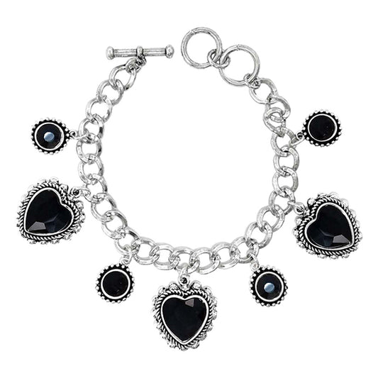 Black Glass Stone Charm Bracelet