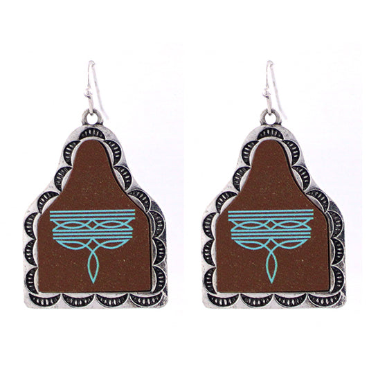 Brown Boot Stitch Cattle Tag Earrings