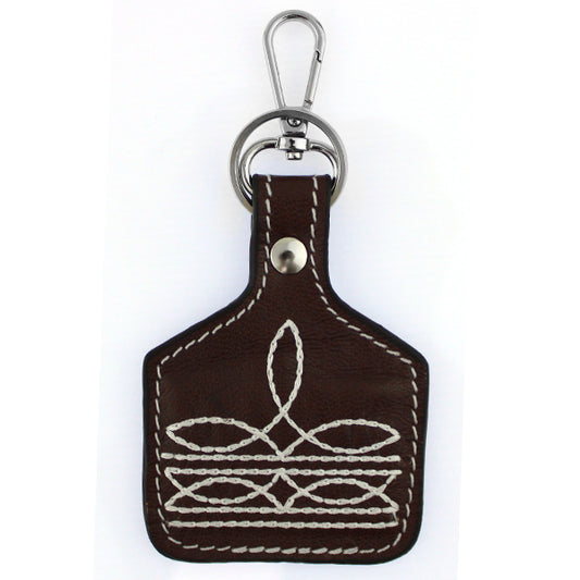 Brown Boot Stitch Leather Cow Tag Keychain