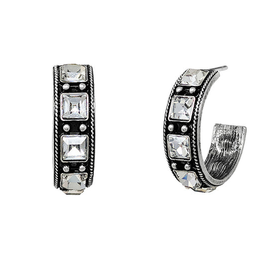 Square Crystal Hoop Post Earrings