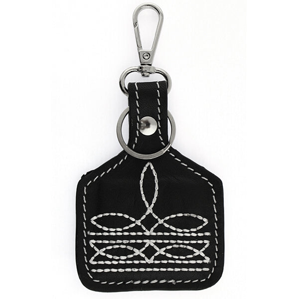 Black Boot Stitch Leather Cow Tag Keychain