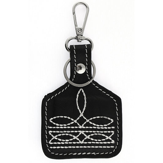 Black Boot Stitch Leather Cow Tag Keychain