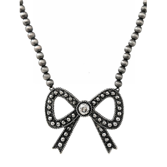 Pewter Pearl & Bow Pendant Necklace