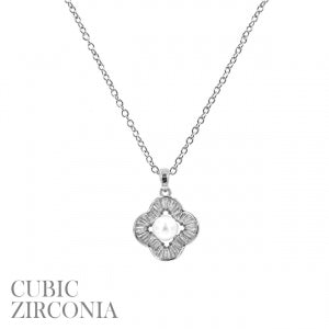 Silver Clover CZ & Pearl Necklace
