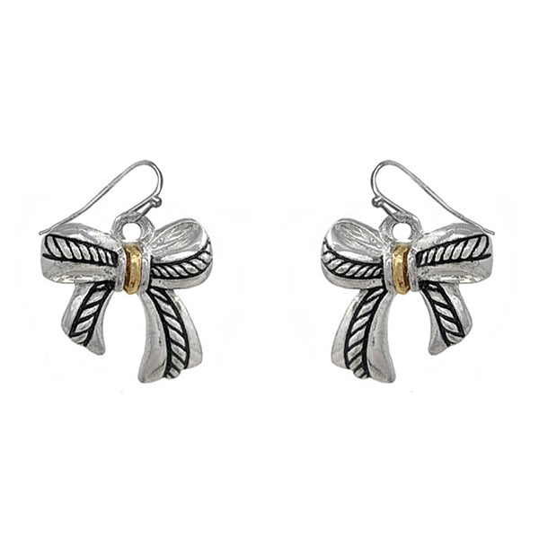 Rope Textured Bow Earring- Gold Accent
