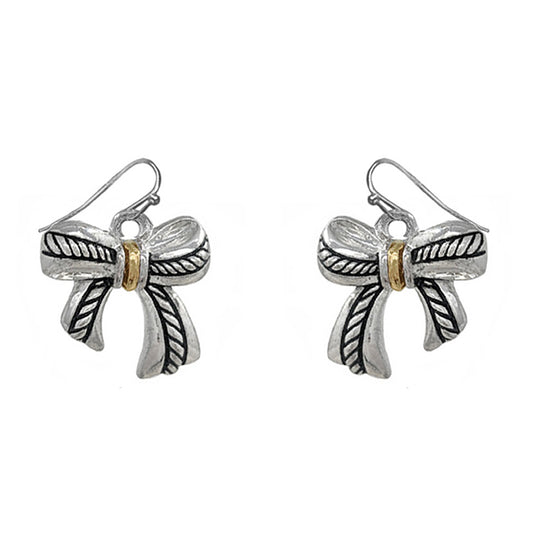 Rope Textured Bow Earring- Gold Accent