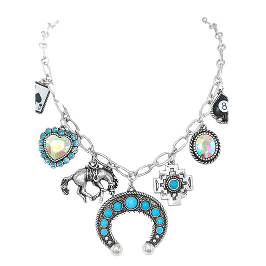 Squash Blossom, Horse, & Heart Charm Necklace