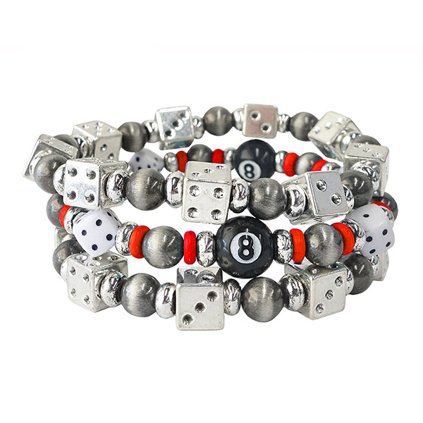 Dice & Eight Ball Stretchy Bracelet Set- Red