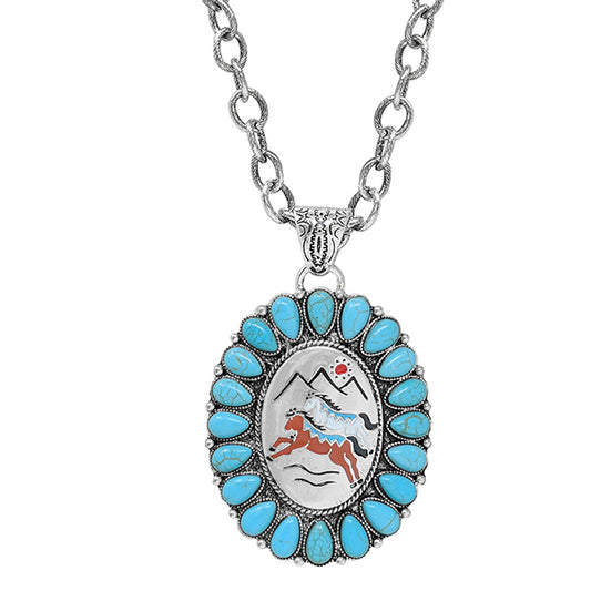 Horse & Mountains Pendant Necklace with Turquoise