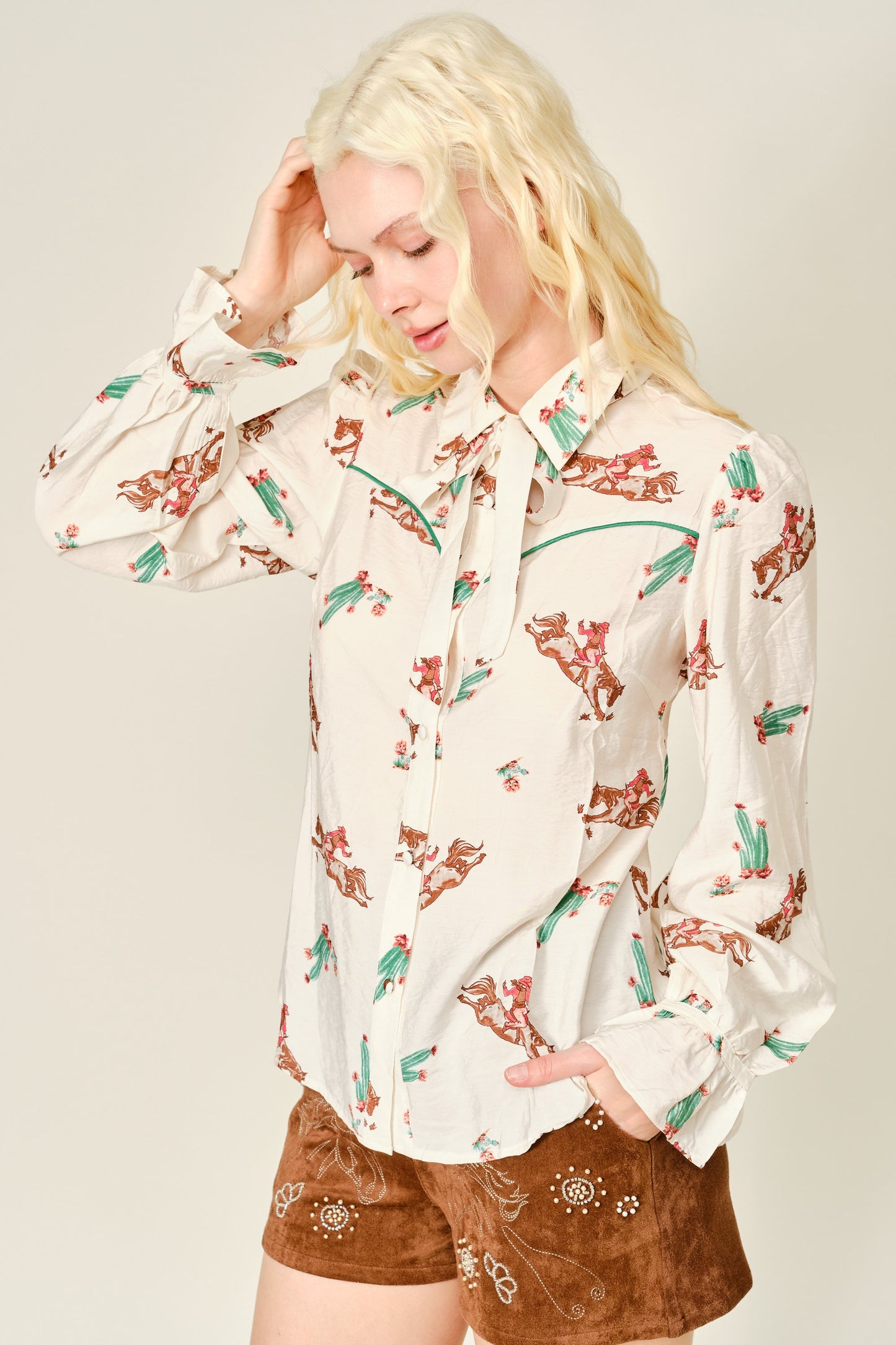 Western Print Tie Neck Blouse