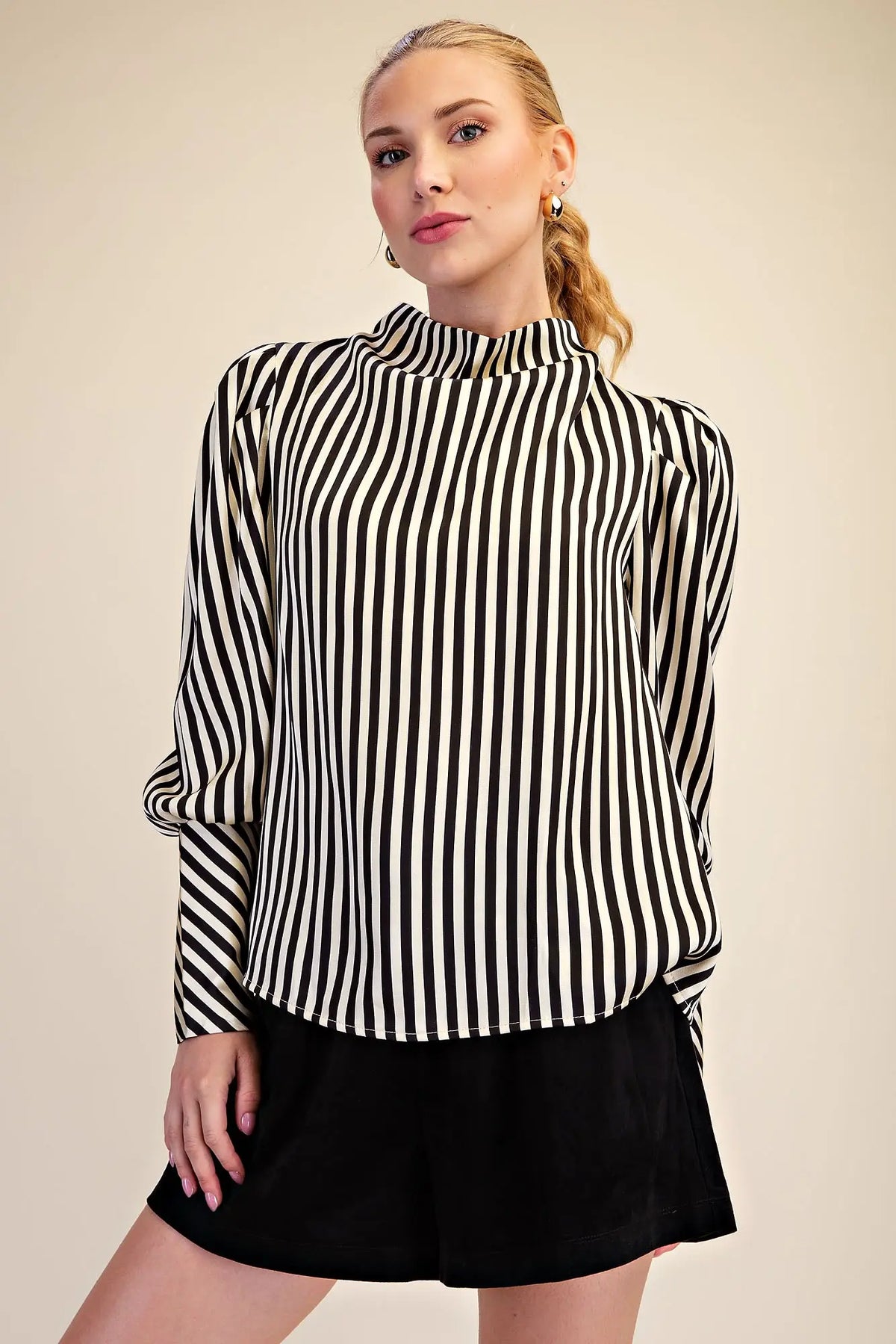 Mock Neck Stain Stripe Blouse