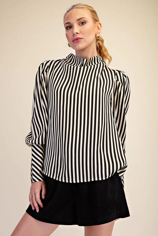Mock Neck Stain Stripe Blouse