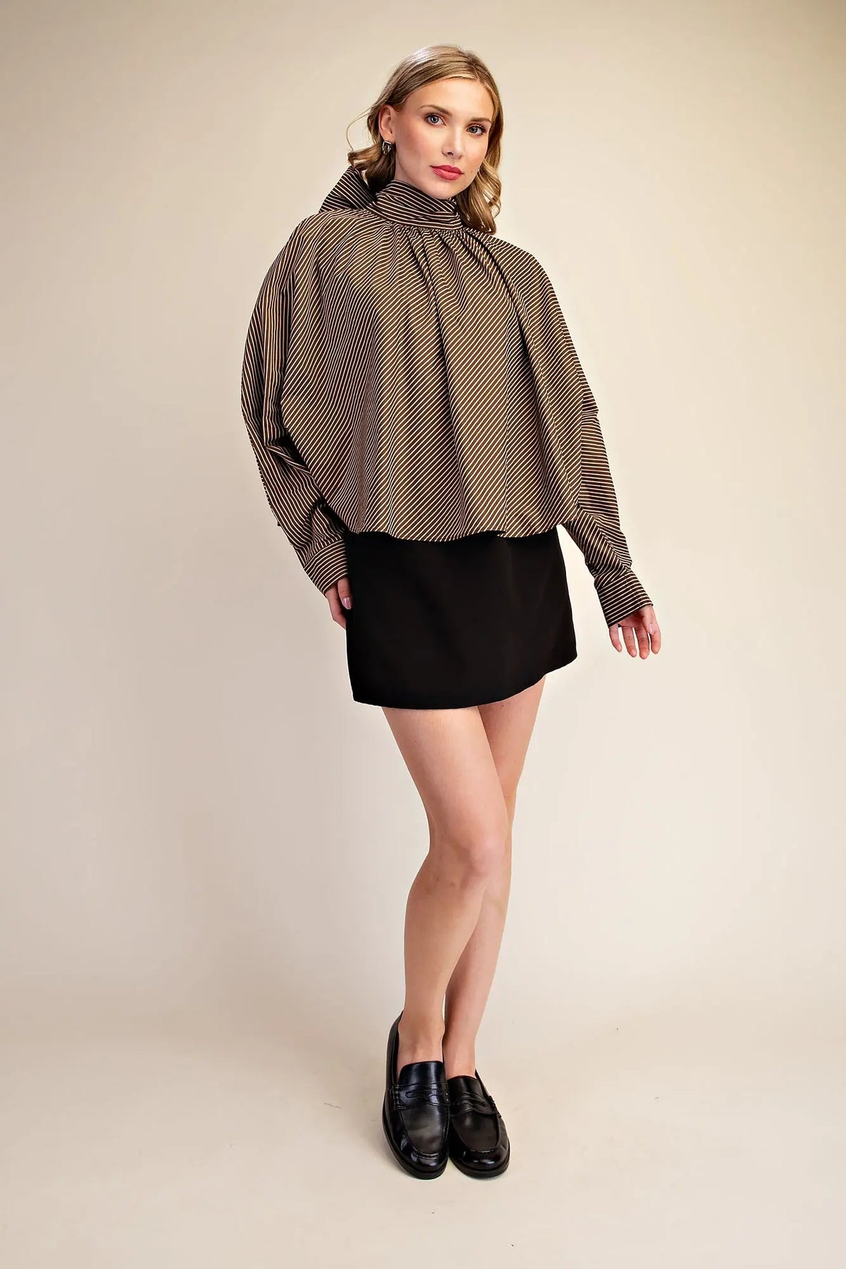 Tie High Neck Stripe Satin Blouse