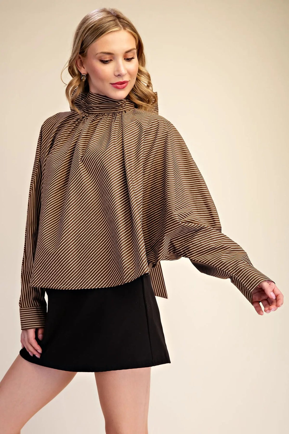 Tie High Neck Stripe Satin Blouse