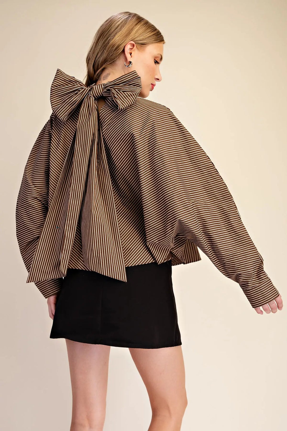 Tie High Neck Stripe Satin Blouse