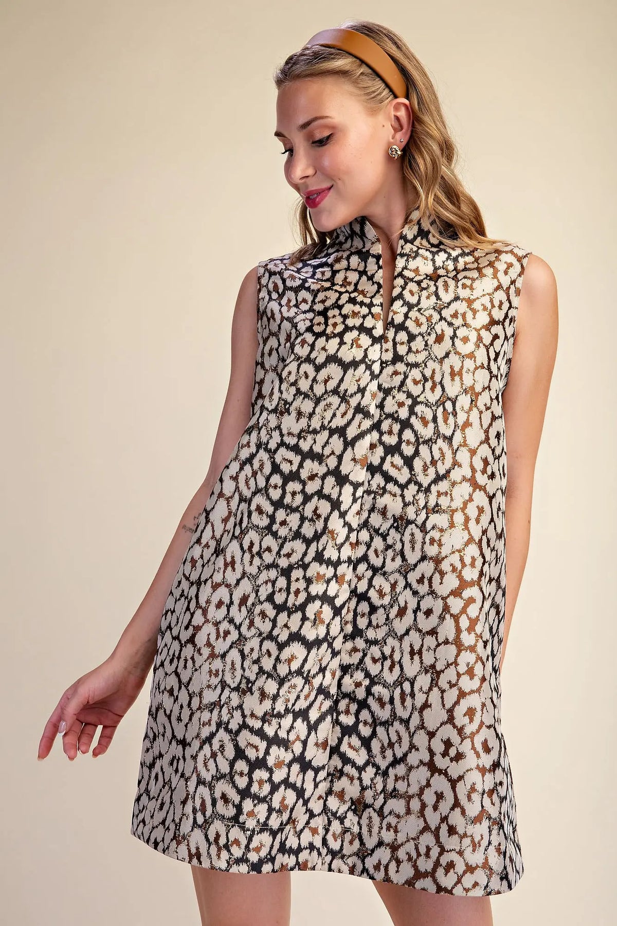 Stand Collar Animal Jacquard Mini Dress