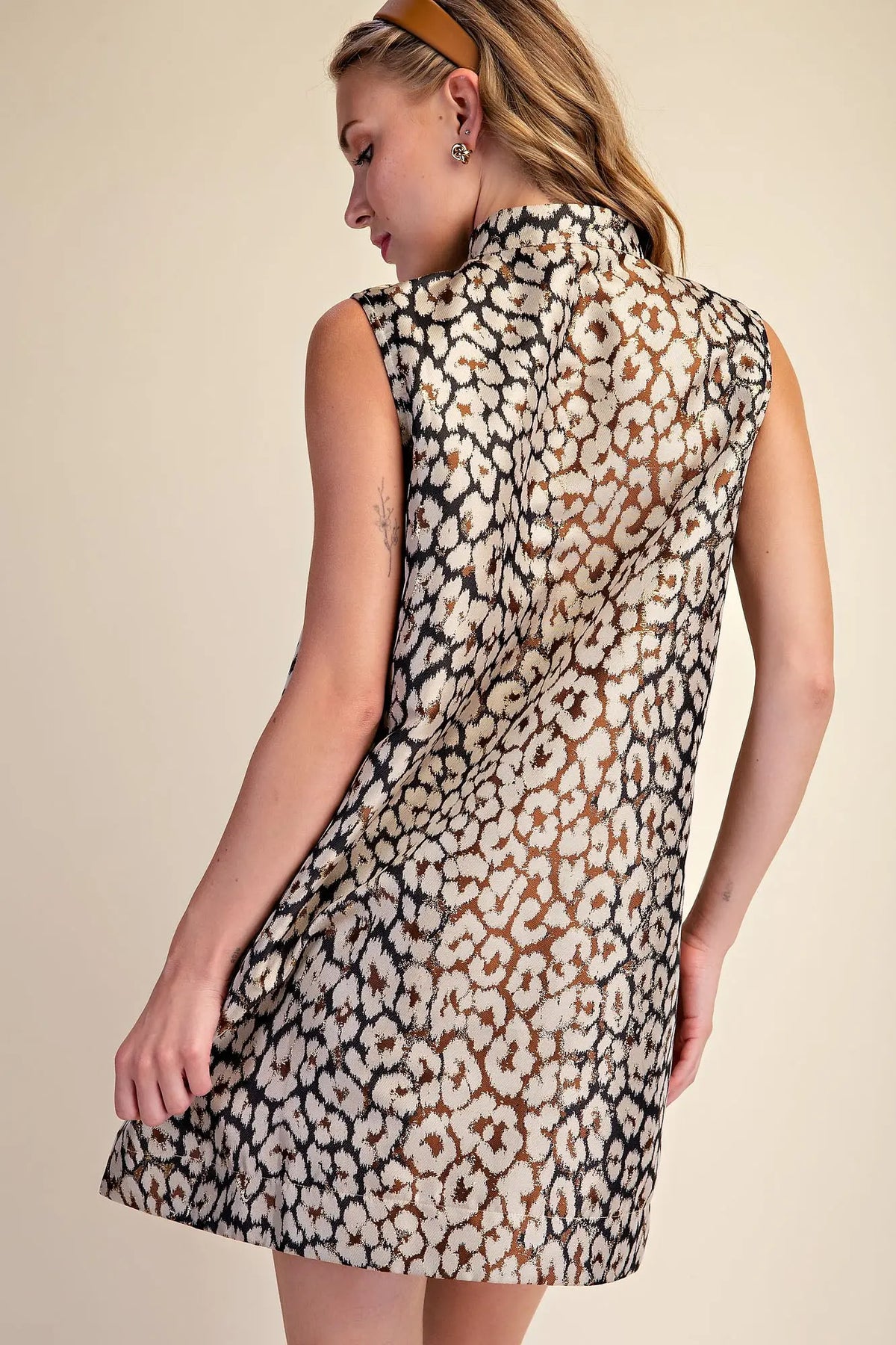 Stand Collar Animal Jacquard Mini Dress