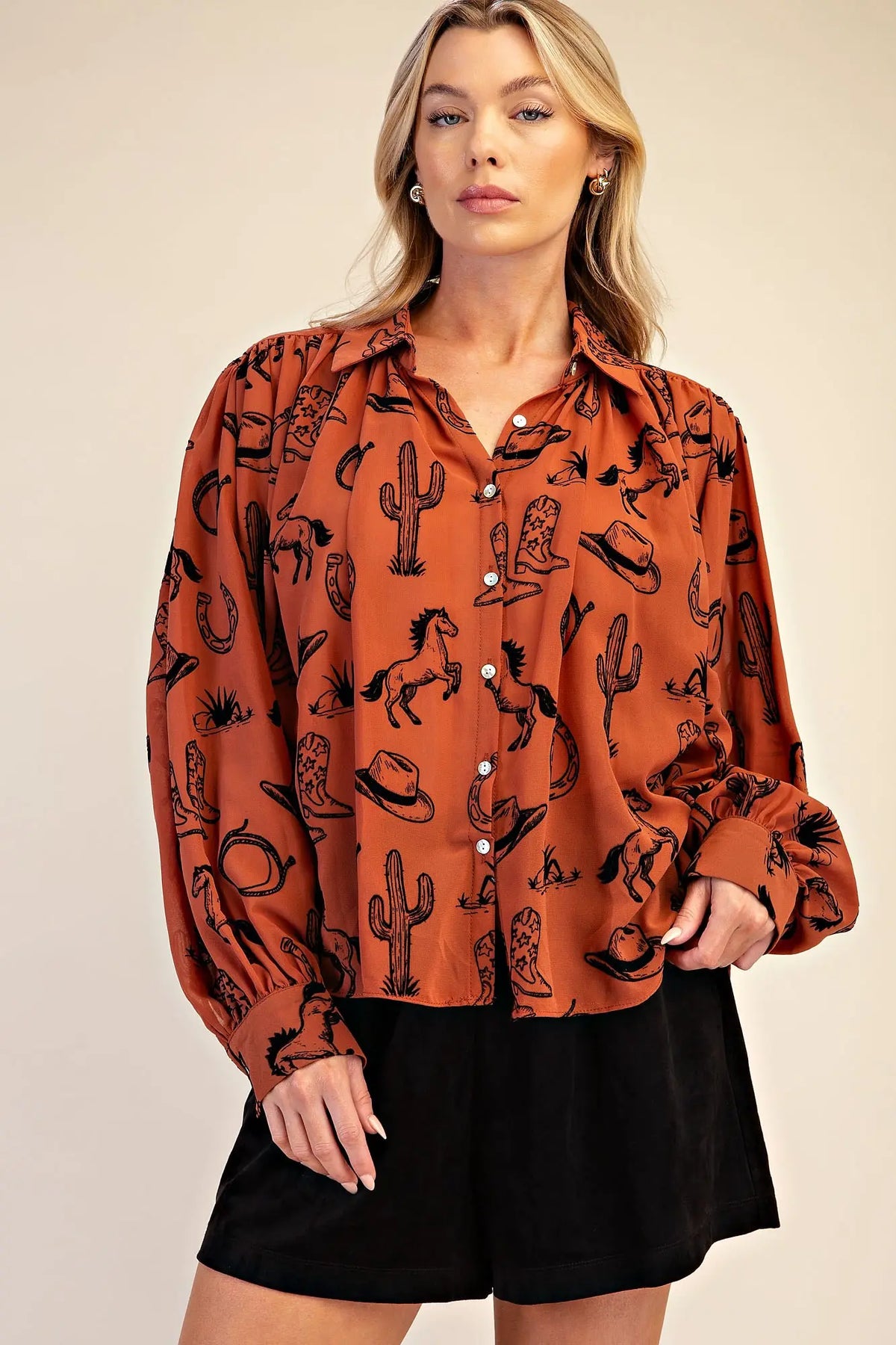 Western Theme Semi-Sheer Blouse
