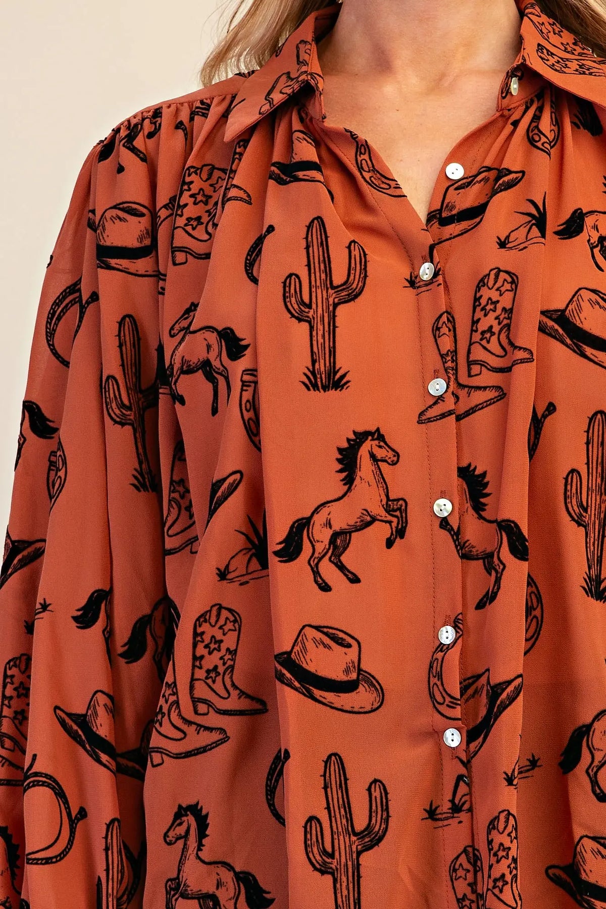 Western Theme Semi-Sheer Blouse