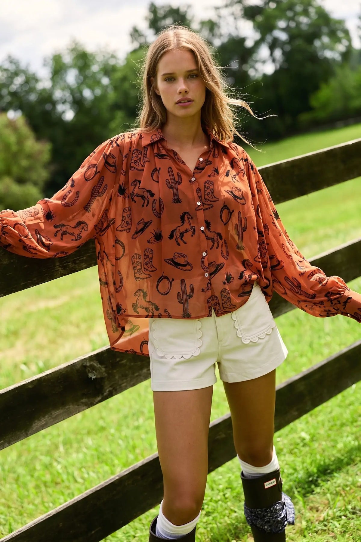 Western Theme Semi-Sheer Blouse
