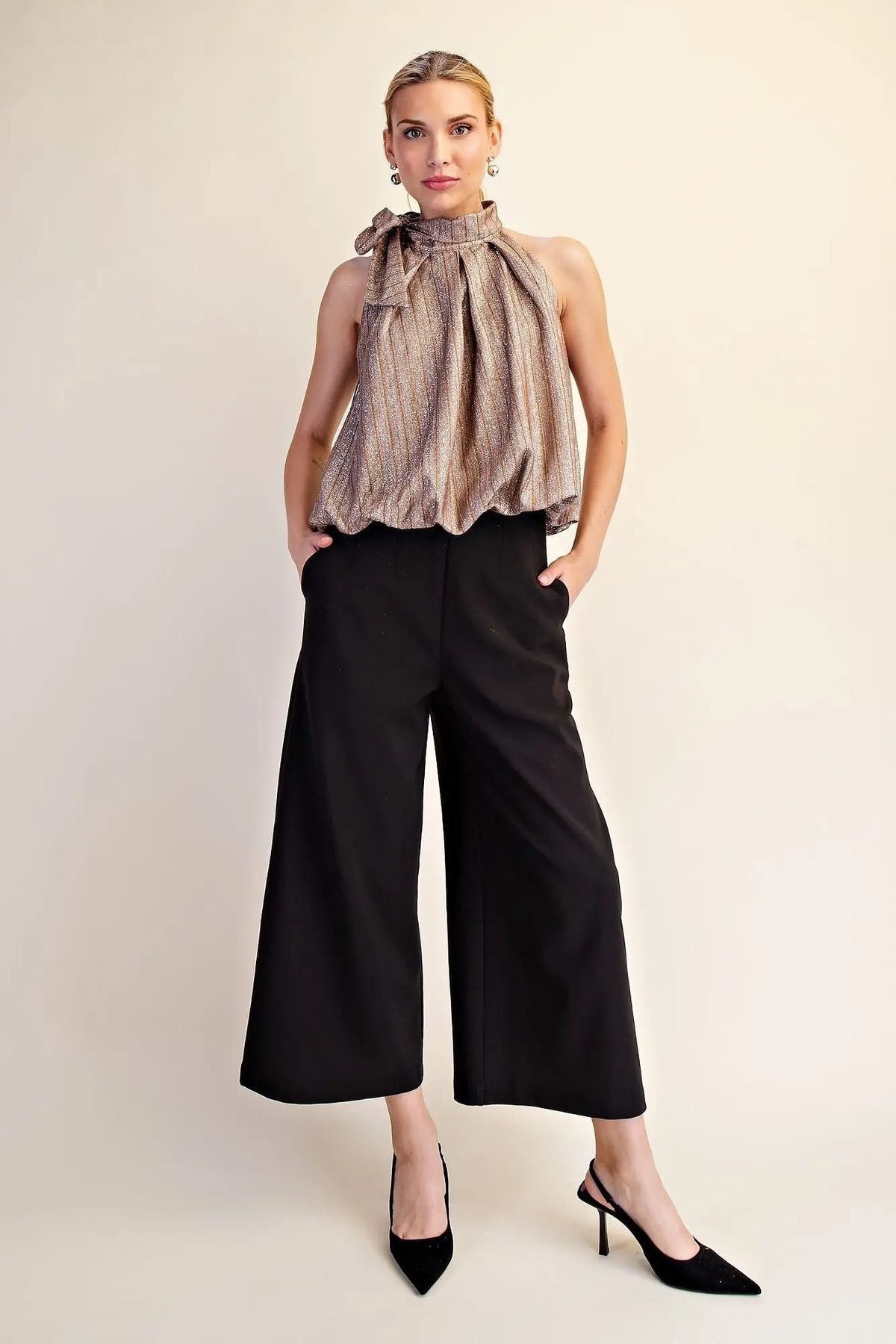 High Neck-Tie Balloon Stripe Top