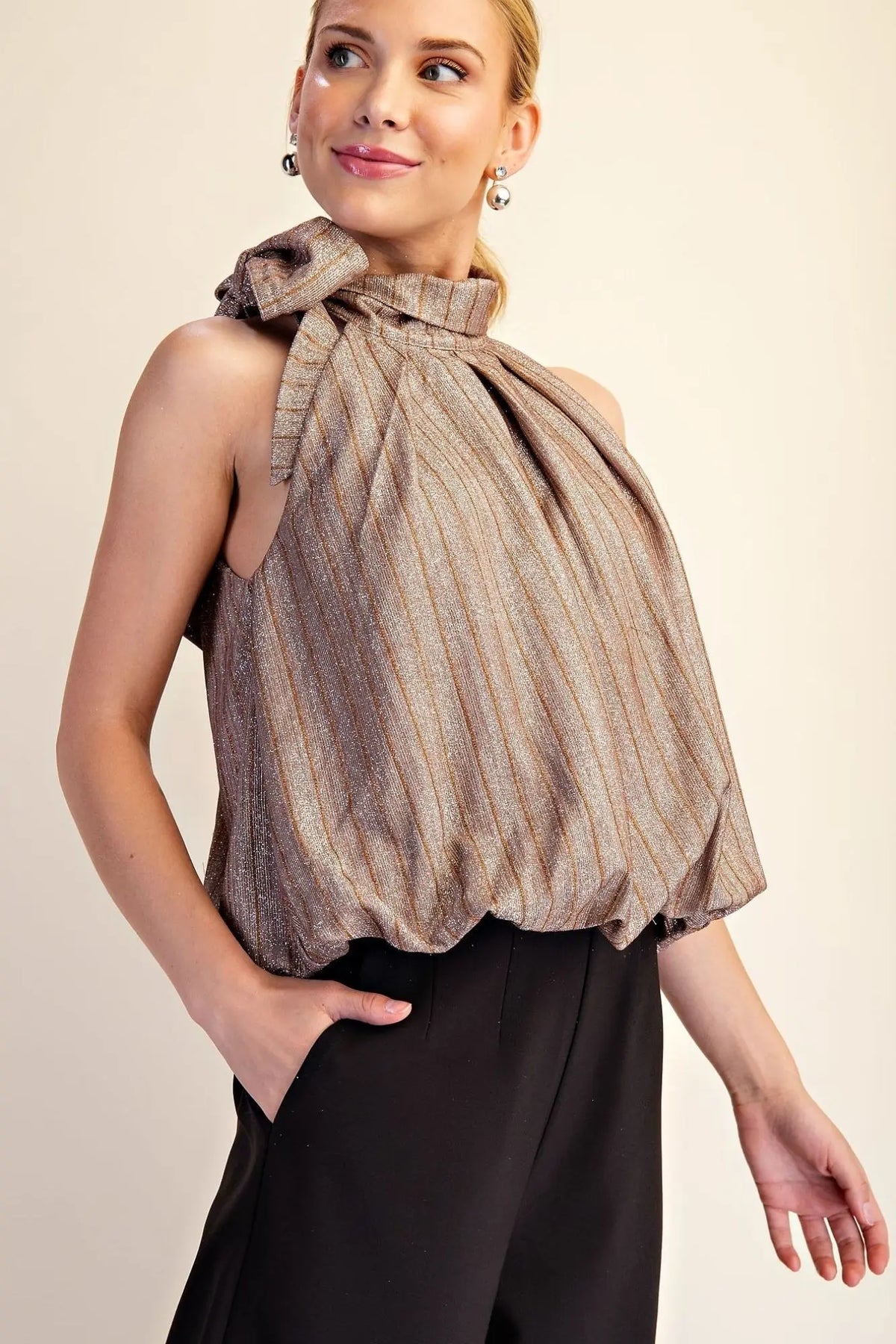 High Neck-Tie Balloon Stripe Top