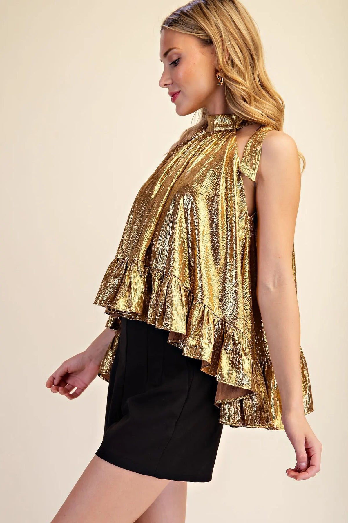 Halter Neck Ruffle Gold Metallic Top
